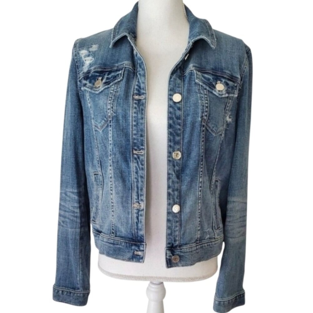 White House Black Market Classic Distressed Medium Blue Denim Jacket Size 10
